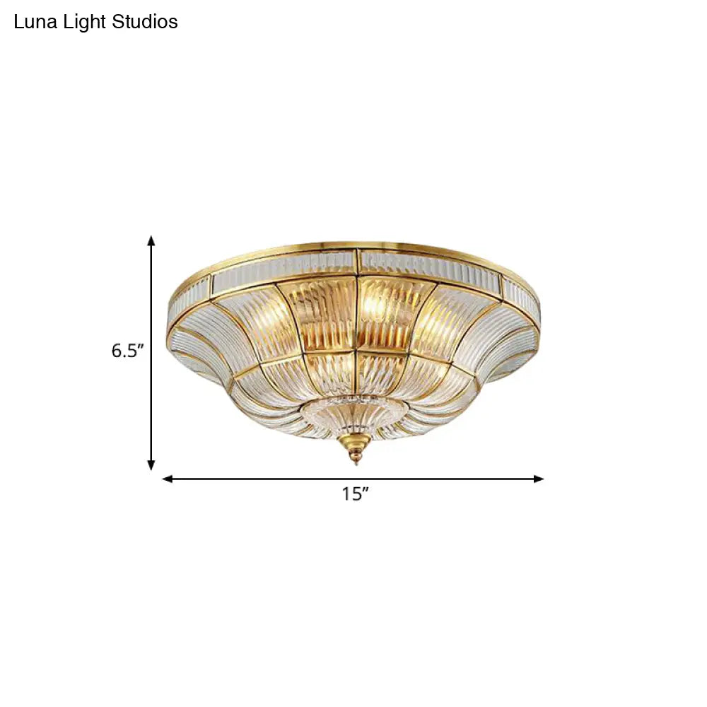 Sleek Dome Flushmount Lighting: Clear Ribbed Glass Ceiling Flush Mount In Brass For Living Room -