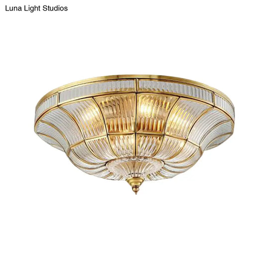 Sleek Dome Flushmount Lighting: Clear Ribbed Glass Ceiling Flush Mount In Brass For Living Room -