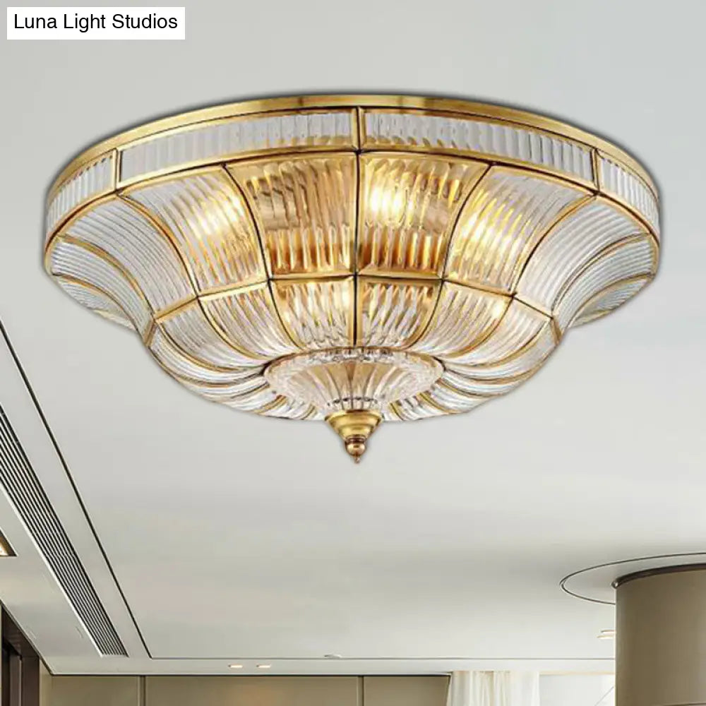 Sleek Dome Flushmount Lighting: Clear Ribbed Glass Ceiling Flush Mount In Brass For Living Room -