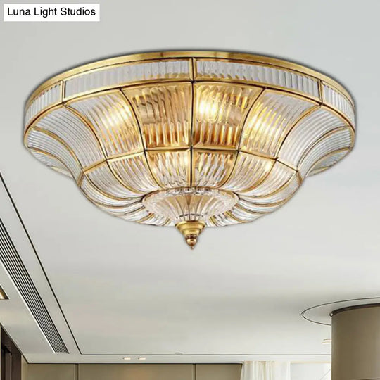 Sleek Dome Flushmount Lighting: Clear Ribbed Glass Ceiling Flush Mount In Brass For Living Room -