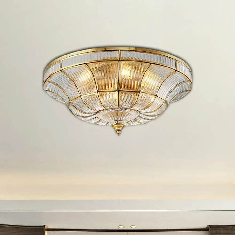 Sleek Dome Flushmount Lighting: Clear Ribbed Glass Ceiling Flush Mount In Brass For Living Room -