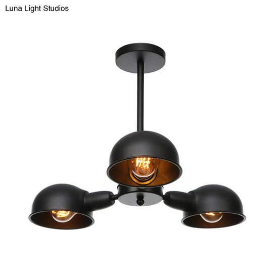 Sleek Dome Metal Semi Flush Industrial 3-Light Ceiling Light In Black/Brass/Chrome For Living Room