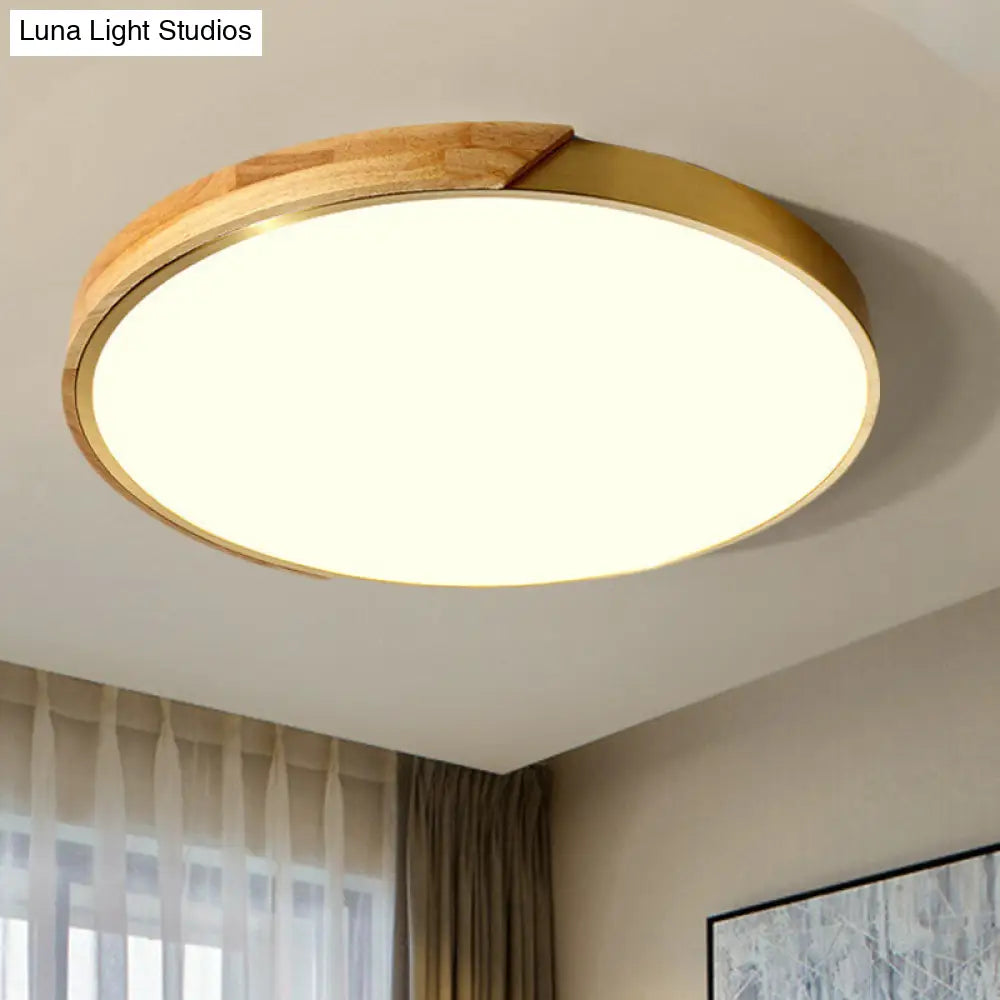 Sleek Drum Ceiling Light With Led Wood Flush Mount White/Warm 12/16 Width