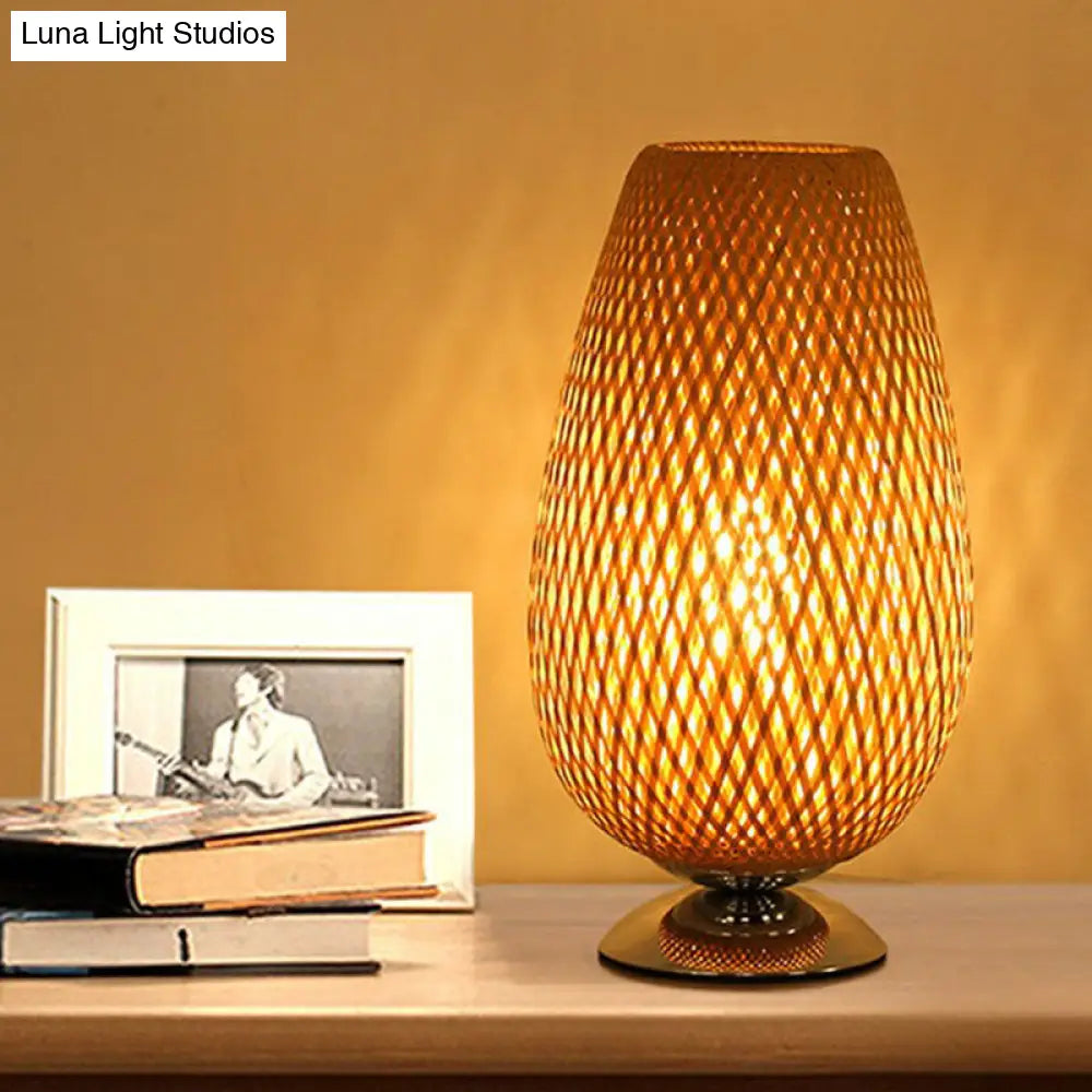 Sleek Egg-Like Rattan Bedside Table Lamp - Single-Bulb Nightstand Light With Wood Accent