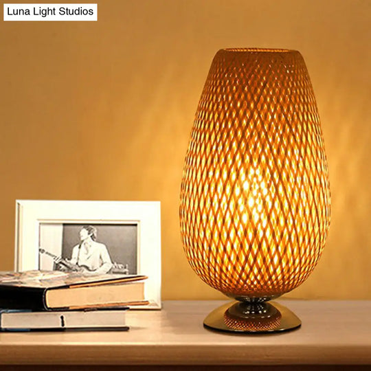 Sleek Egg-Like Rattan Bedside Table Lamp - Single-Bulb Nightstand Light With Wood Accent