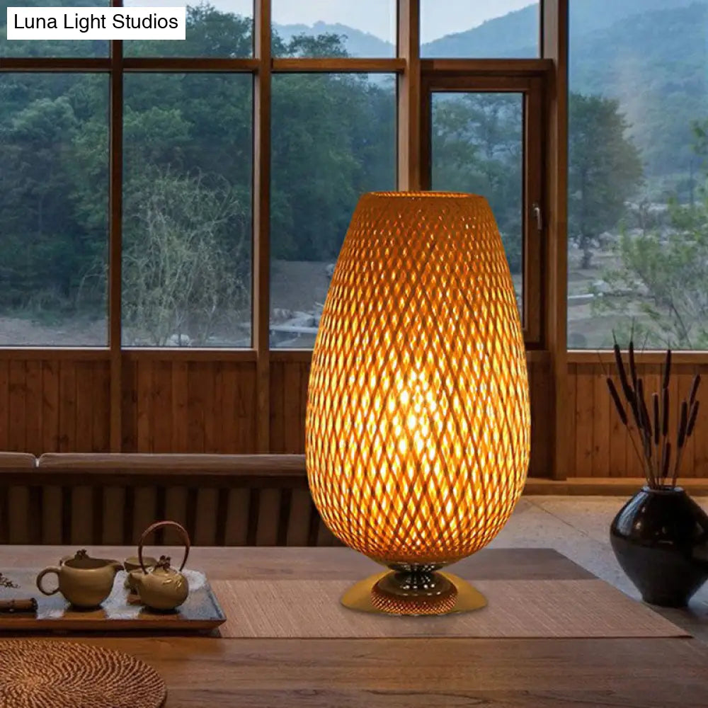 Sleek Egg-Like Rattan Bedside Table Lamp - Single-Bulb Nightstand Light With Wood Accent