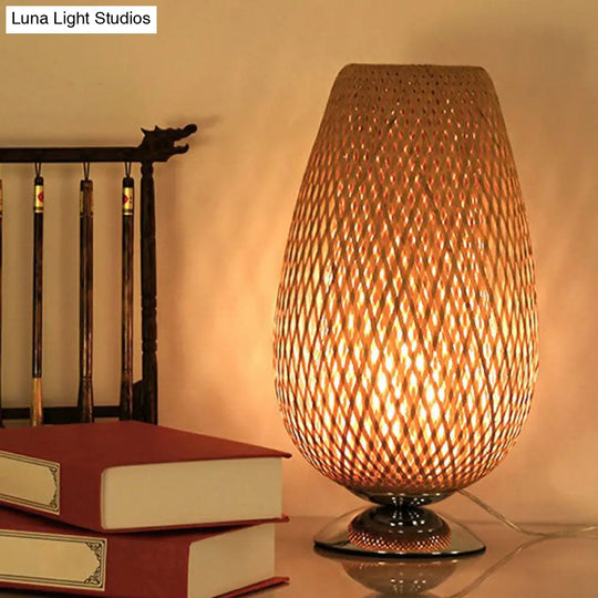 Sleek Egg-Like Rattan Bedside Table Lamp - Single-Bulb Nightstand Light With Wood Accent