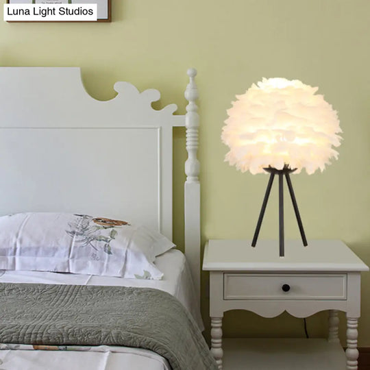 Sleek Feathered Bedside Lamp: Minimalistic Spherical Night Light With Tripod