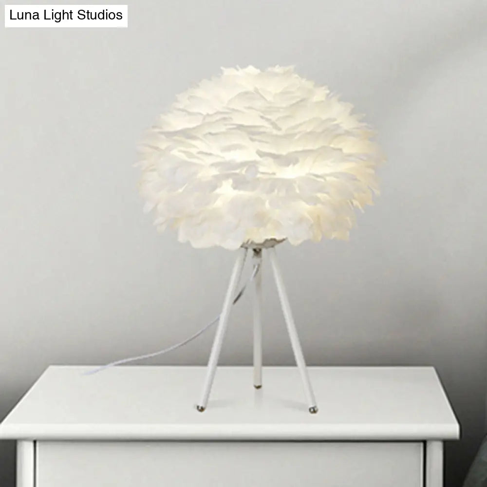 Sleek Feathered Bedside Lamp: Minimalistic Spherical Night Light With Tripod