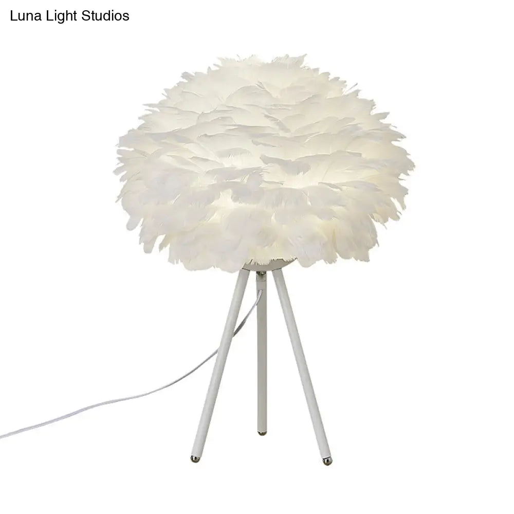 Sleek Feathered Bedside Lamp: Minimalistic Spherical Night Light With Tripod