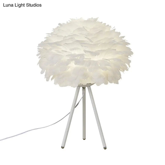 Sleek Feathered Bedside Lamp: Minimalistic Spherical Night Light With Tripod