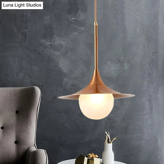 Modern Flared Pendant Light With Orb Milk Glass Insert Single Metal Hanging Fixture For Living Room