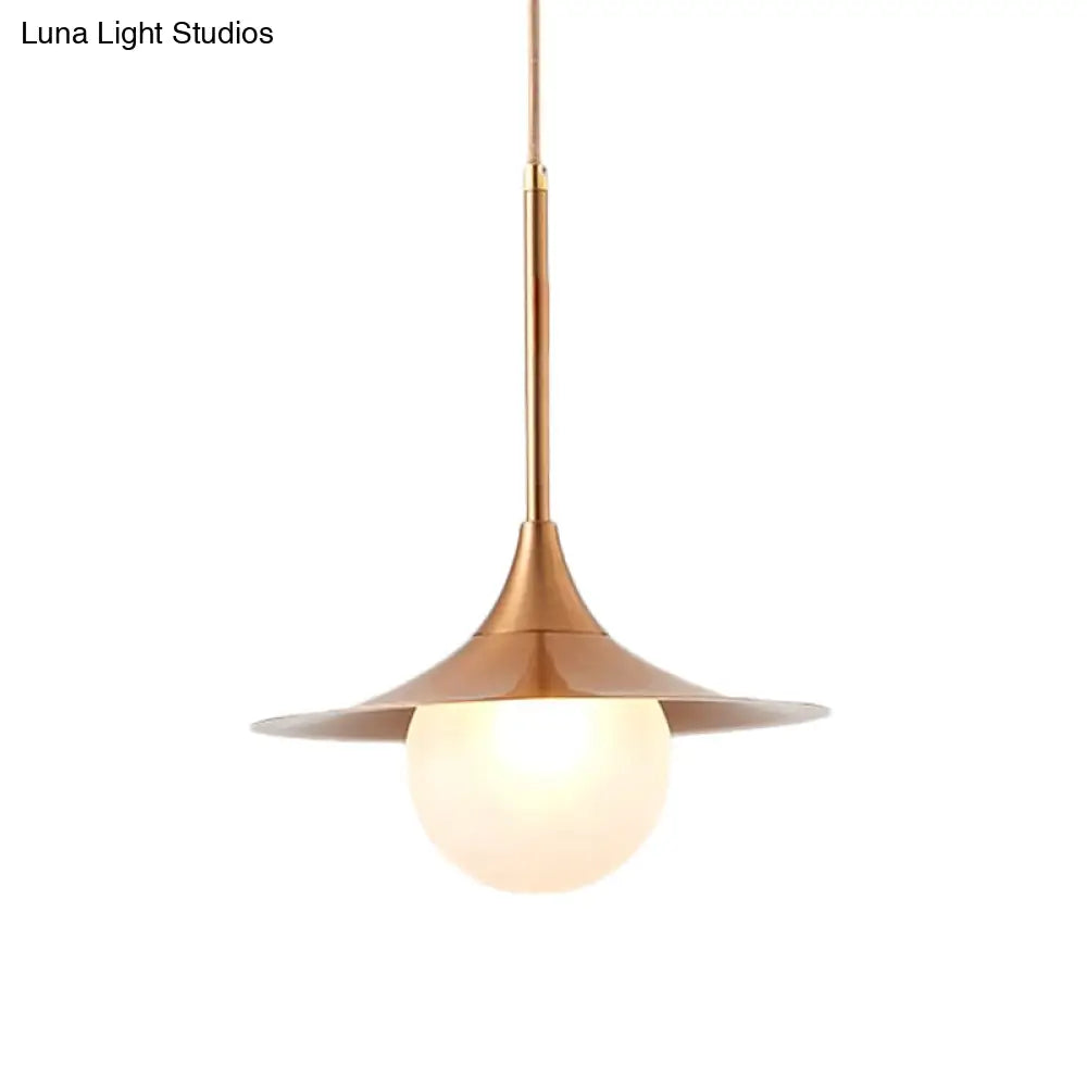 Sleek Flared Pendant Light With Orb Milk Glass Insert - Ideal For Single Living Room