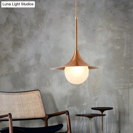 Sleek Flared Pendant Light With Orb Milk Glass Insert - Ideal For Single Living Room