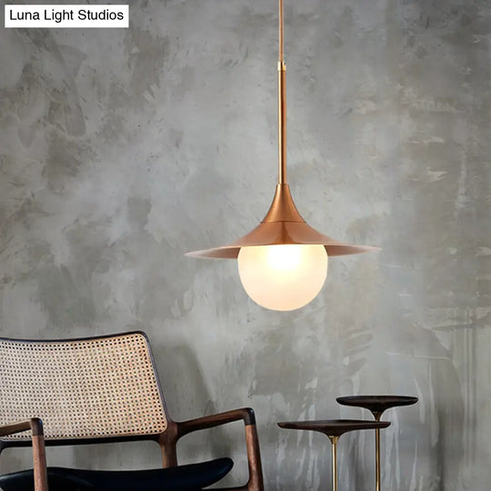 Modern Flared Pendant Light With Orb Milk Glass Insert Single Metal Hanging Fixture For Living Room