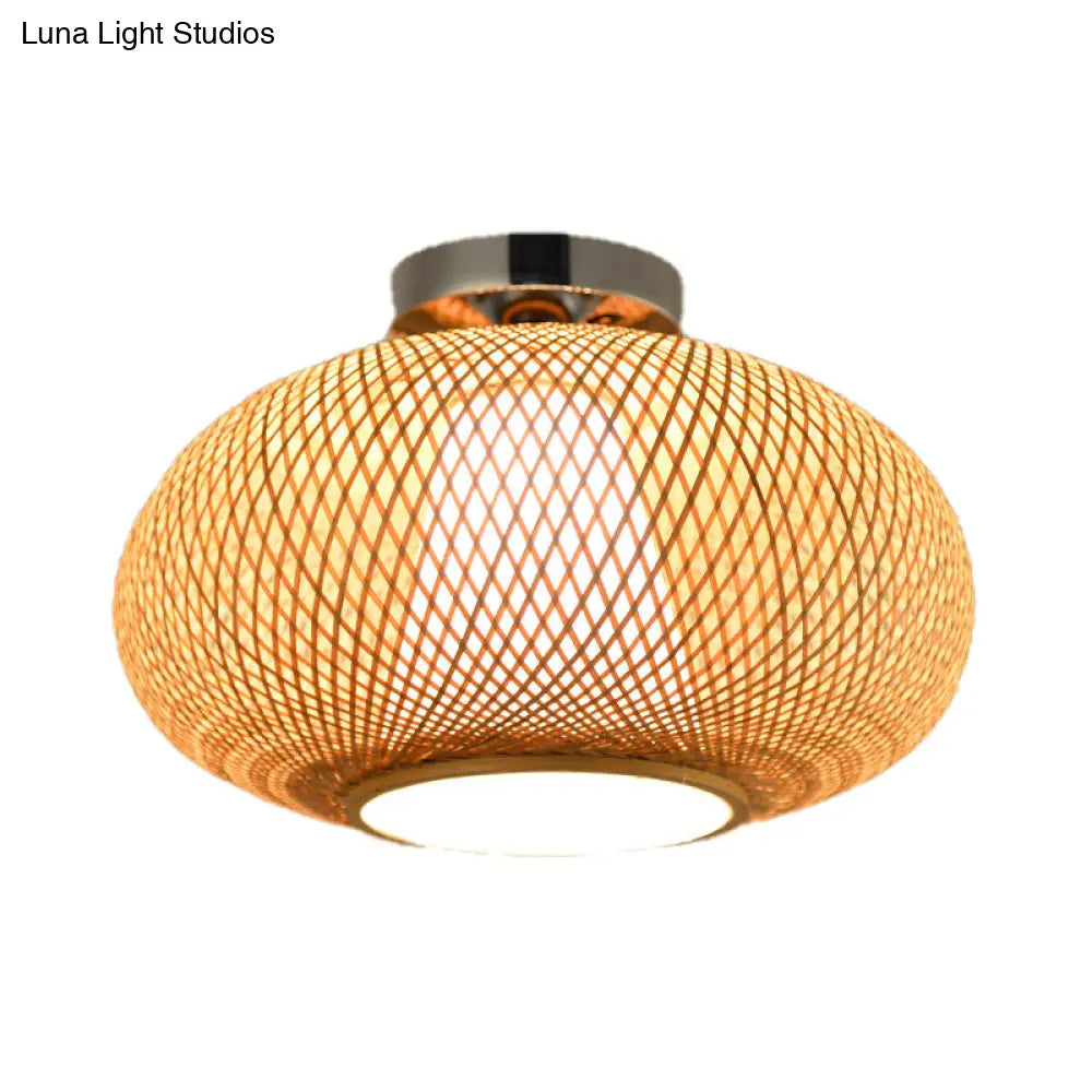 Sleek Flaxen Lantern Semi Flush Mount: Stylish Chinese Bamboo Ceiling Light For Dining Room