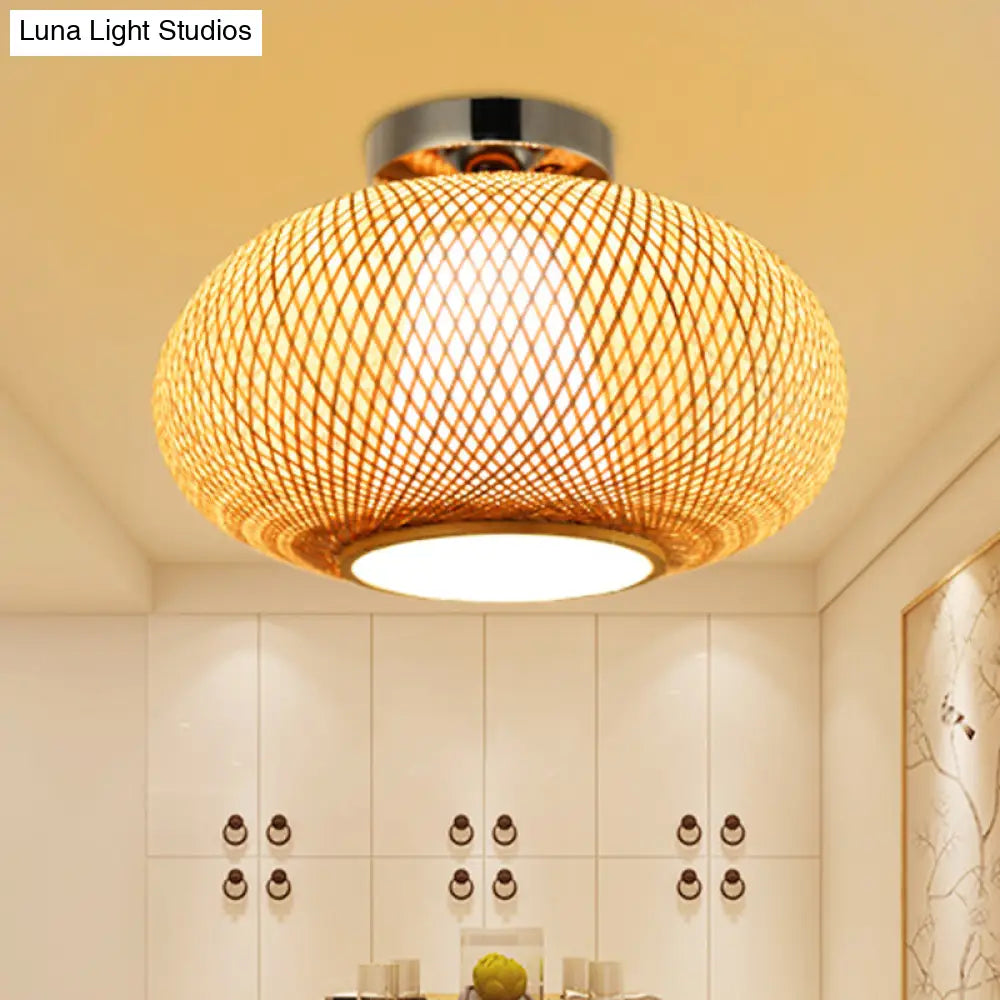 Sleek Flaxen Lantern Semi Flush Mount: Stylish Chinese Bamboo Ceiling Light For Dining Room