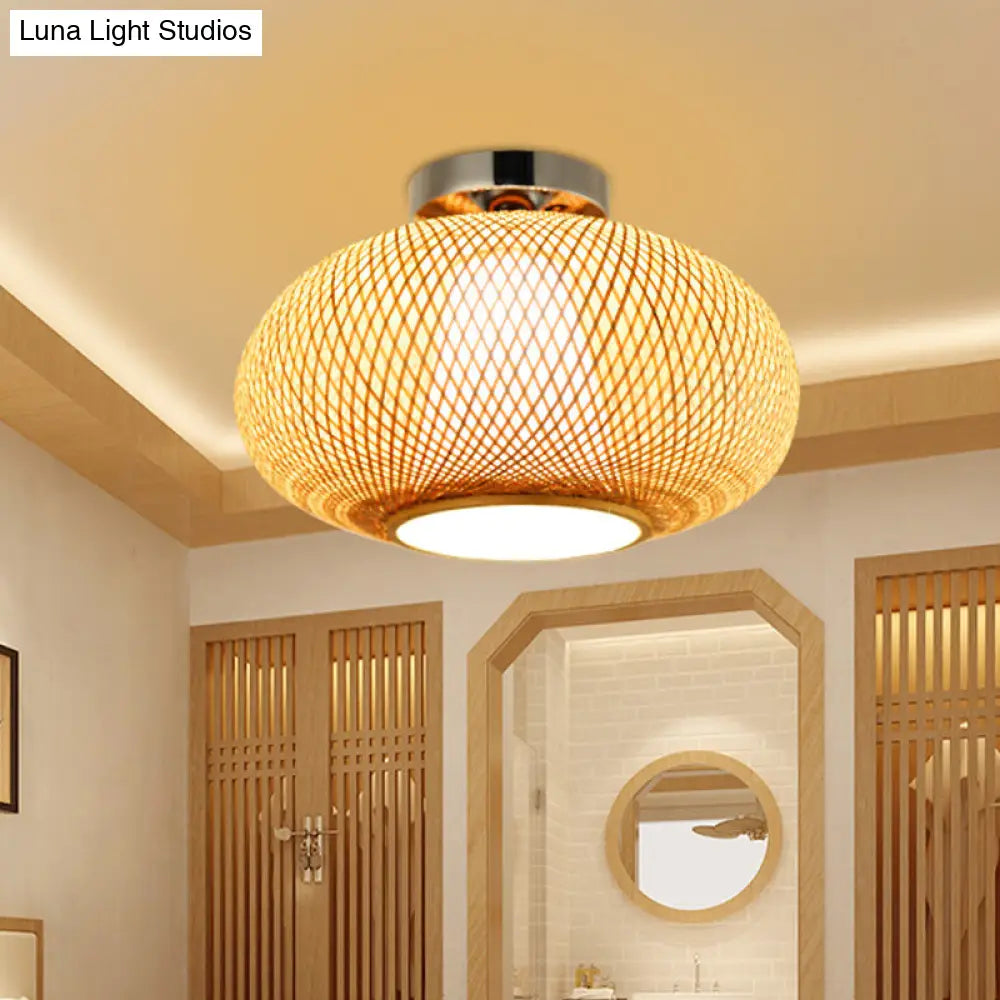 Sleek Flaxen Lantern Semi Flush Mount: Stylish Chinese Bamboo Ceiling Light For Dining Room