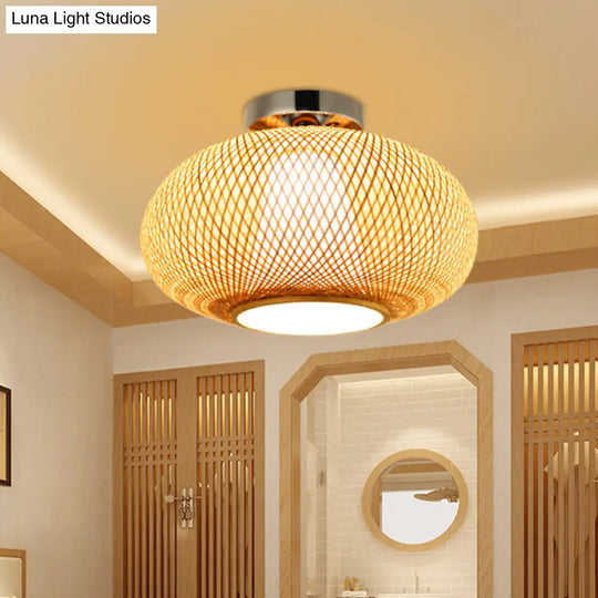 Sleek Flaxen Lantern Semi Flush Mount: Stylish Chinese Bamboo Ceiling Light For Dining Room