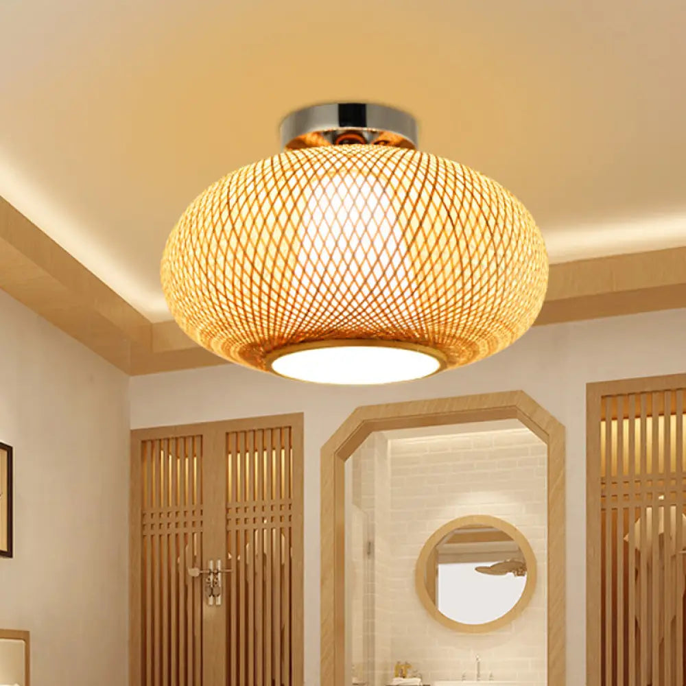 Sleek Flaxen Lantern Semi Flush Mount: Stylish Chinese Bamboo Ceiling Light For Dining Room