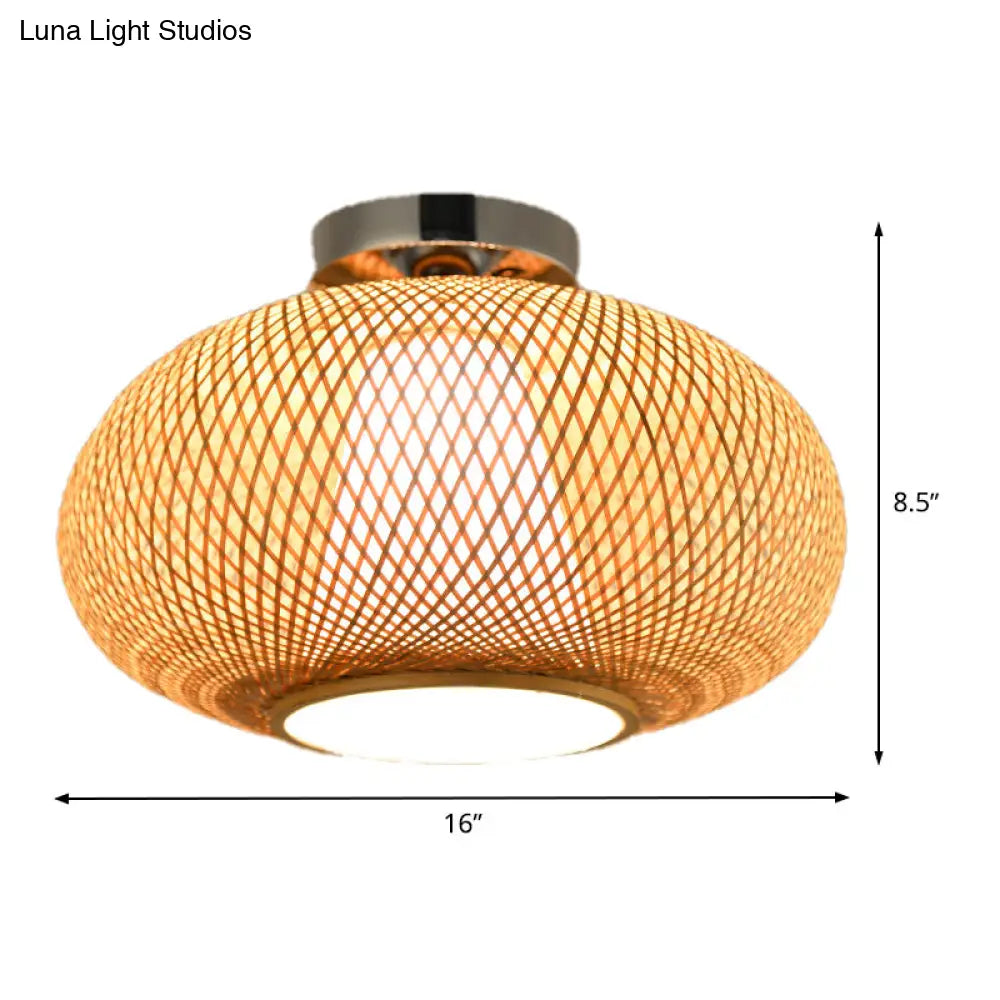 Sleek Flaxen Lantern Semi Flush Mount: Stylish Chinese Bamboo Ceiling Light For Dining Room