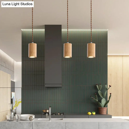Simple Wooden Led Kitchen Suspension Light In Beige - Geometric Shaped Ceiling Pendant Wood / C