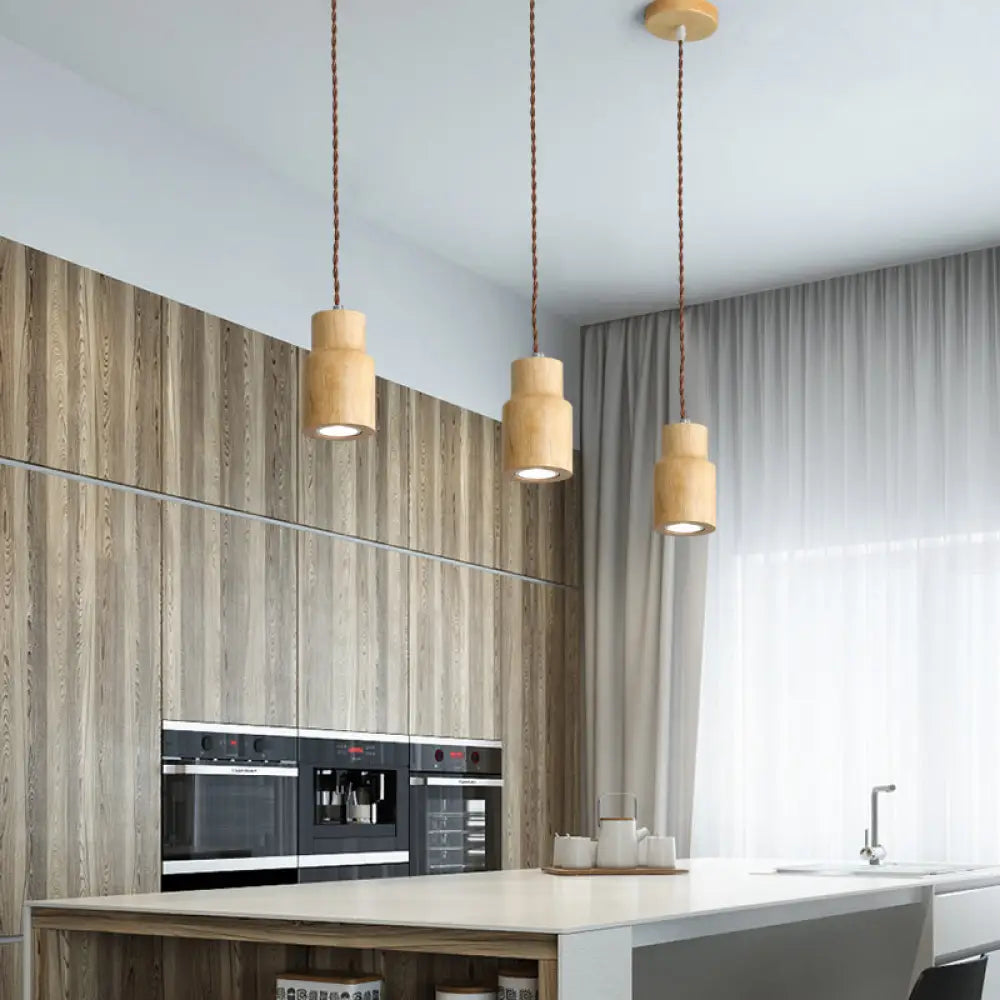 Sleek Geometric Wooden Led Ceiling Pendant Light In Beige - Perfect For Kitchen Suspension Wood / A