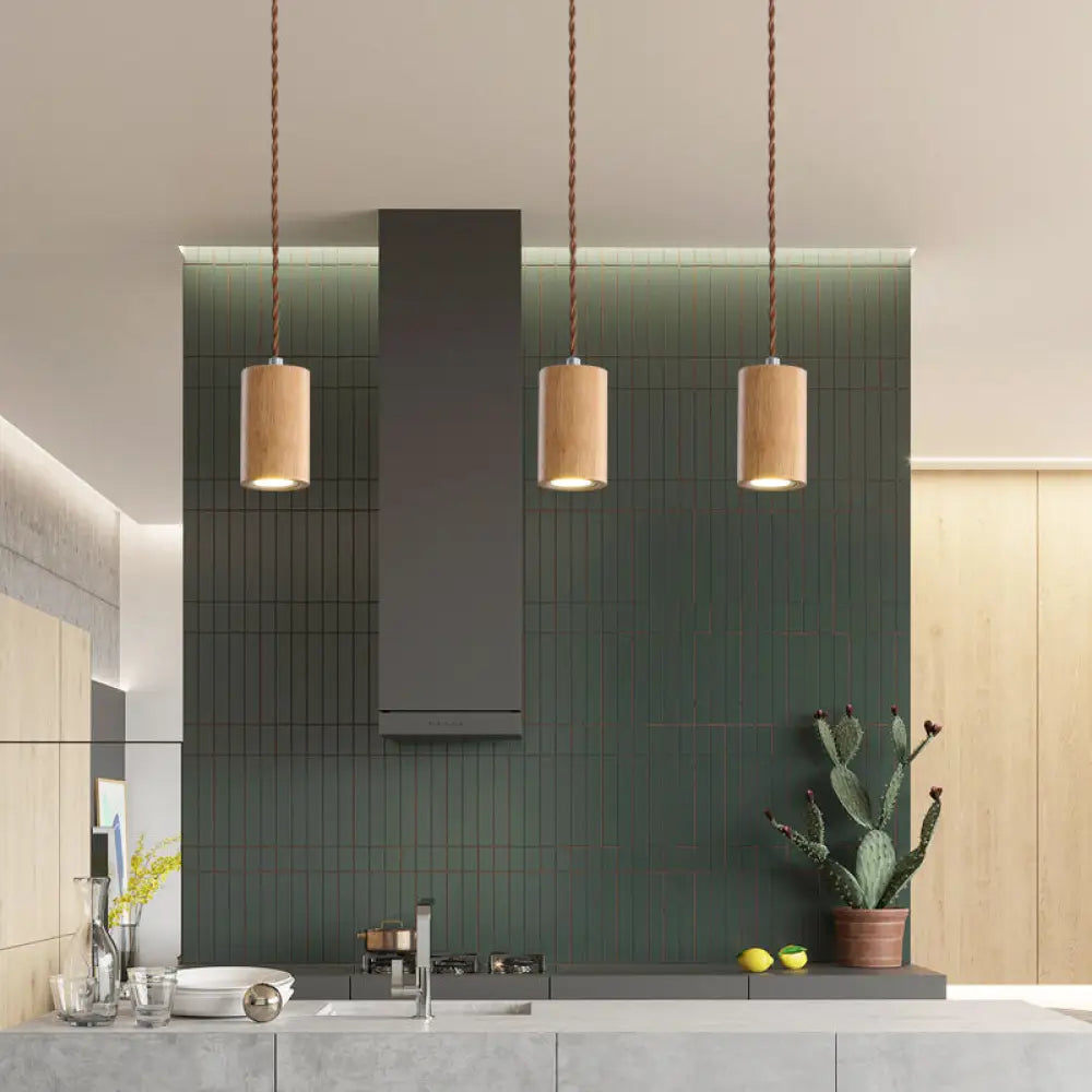 Sleek Geometric Wooden Led Ceiling Pendant Light In Beige - Perfect For Kitchen Suspension Wood / C