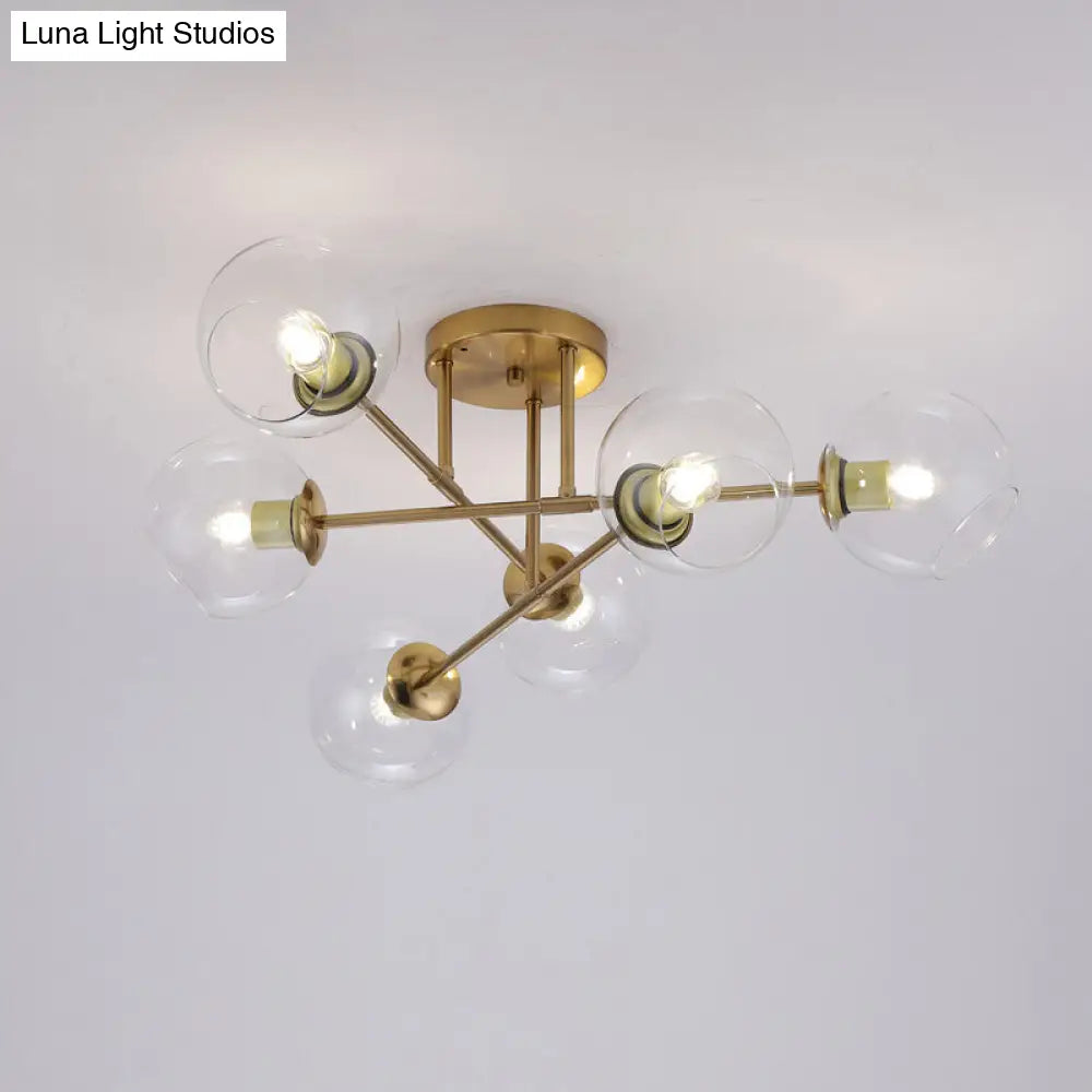 Sleek Glass Ball Semi Flush Mount Light - Postmodern Brass Ceiling Highlight For Dining Room 6 /