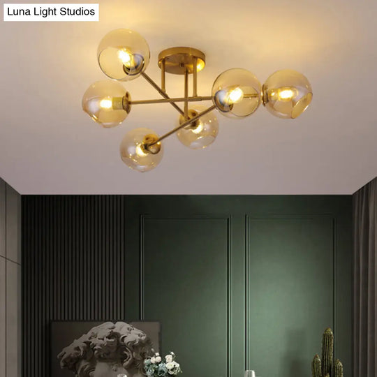 Sleek Glass Ball Semi Flush Mount Light - Postmodern Brass Ceiling Highlight For Dining Room