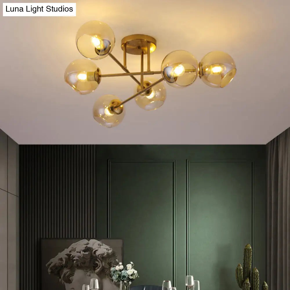 Sleek Glass Ball Semi Flush Mount Light - Postmodern Brass Ceiling Highlight For Dining Room