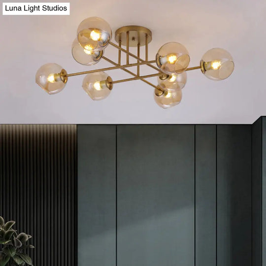 Sleek Glass Ball Semi Flush Mount Light - Postmodern Brass Ceiling Highlight For Dining Room