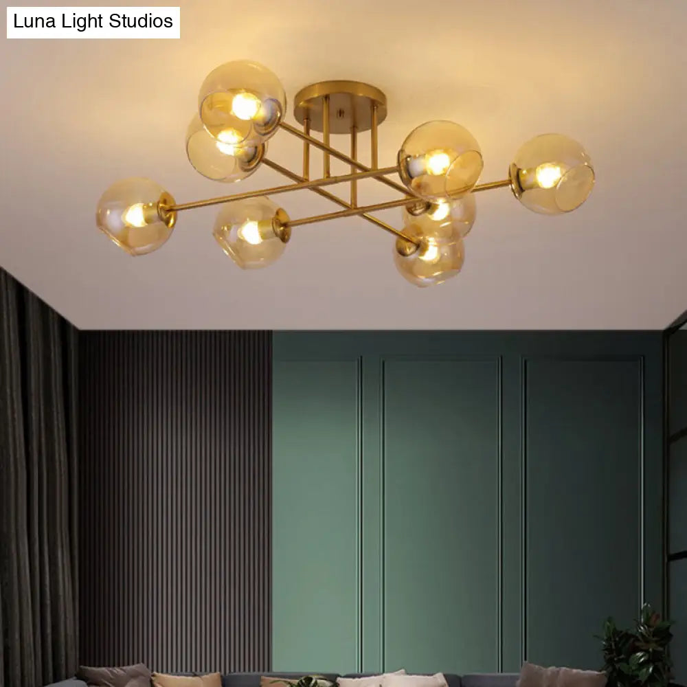 Sleek Glass Ball Semi Flush Mount Light - Postmodern Brass Ceiling Highlight For Dining Room