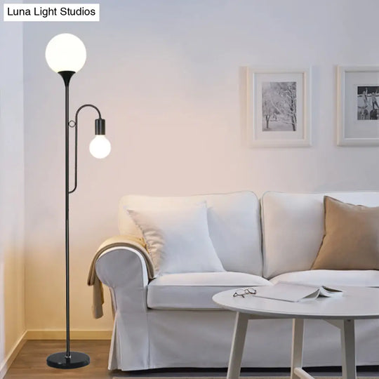 Sleek Glass Ball Standing Lamp: Modern 2-Head Bedroom Reading Light With Curved Arm In Black/White