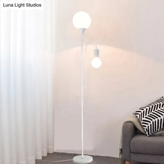 Sleek Glass Ball Standing Lamp: Modern 2-Head Bedroom Reading Light With Curved Arm In Black/White