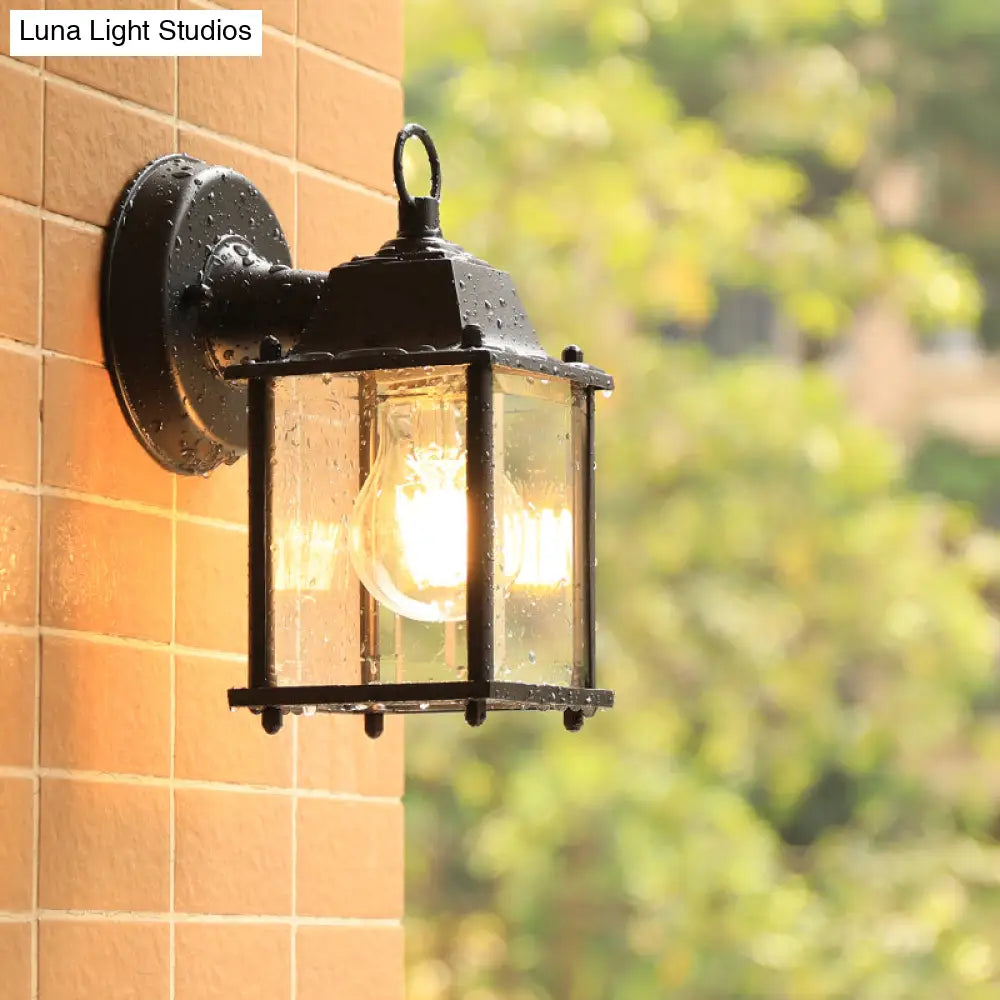 Sleek Glass Box Wall Sconce Lamp: Outdoor 1-Head Mounted Lighting In Black