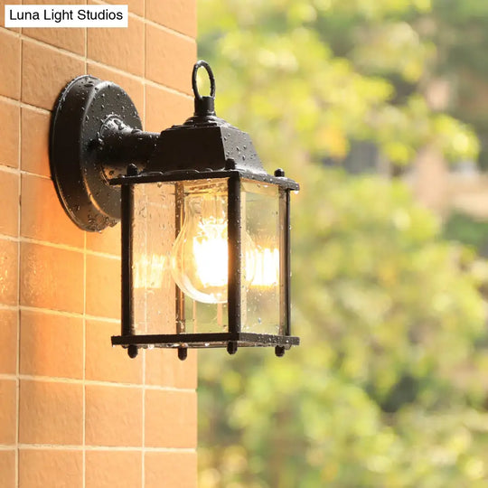 Sleek Glass Box Wall Sconce Lamp: Outdoor 1-Head Mounted Lighting In Black