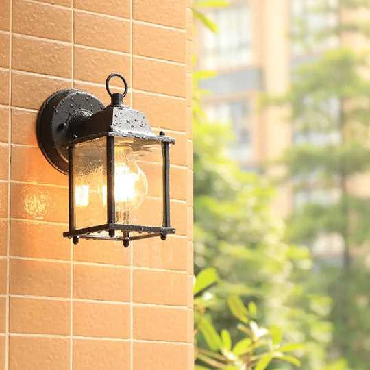 Sleek Glass Box Wall Sconce Lamp: Outdoor 1-Head Mounted Lighting In Black / 8.5 Clear