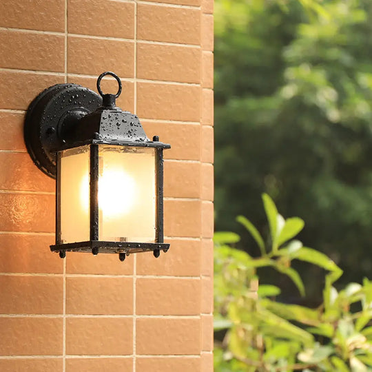 Sleek Glass Box Wall Sconce Lamp: Outdoor 1-Head Mounted Lighting In Black / 8.5 Frosted