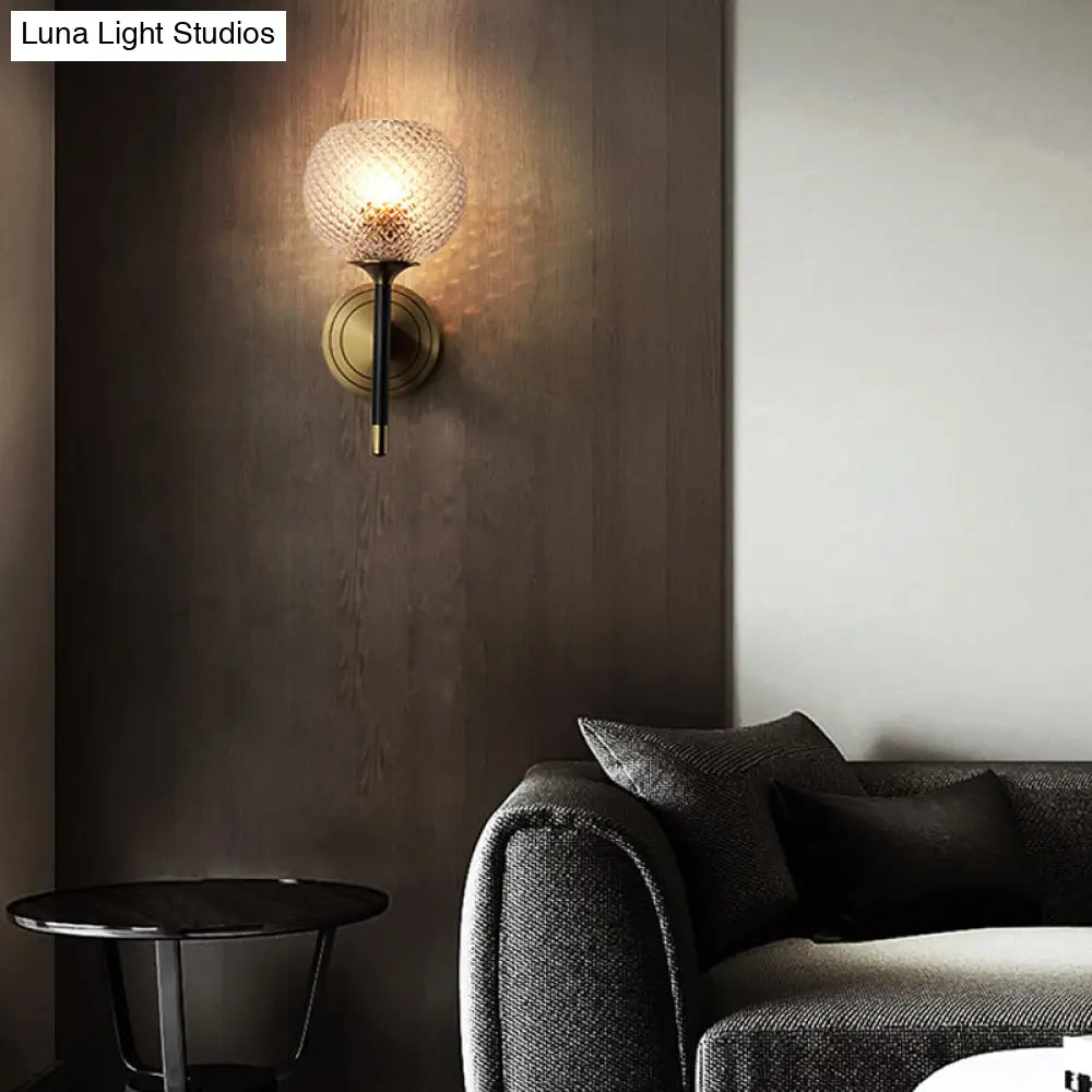 Sleek Glass Globe Wall Sconce: Ribbed Simplicity Brass Finish Mounted Light Fixture