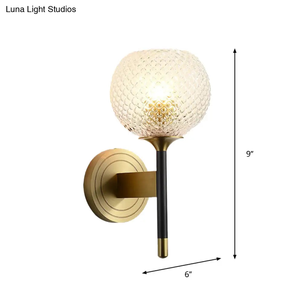 Sleek Glass Globe Wall Sconce: Ribbed Simplicity Brass Finish Mounted Light Fixture