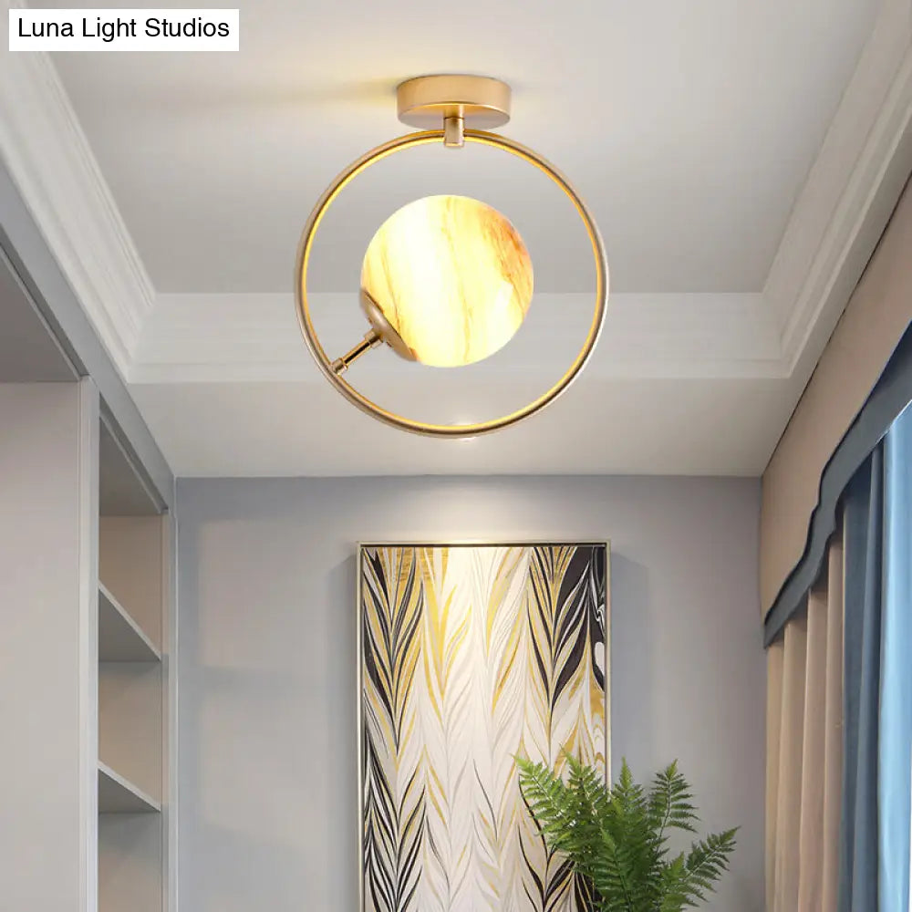 Sleek Gold Ball Semi Flush Light In Modern White/Yellow Glass 1-Light Fixture With Iron Ring Yellow