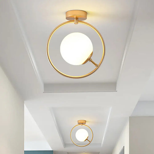 Sleek Gold Ball Semi Flush Light In Modern White/Yellow Glass – 1-Light Fixture With Iron Ring White