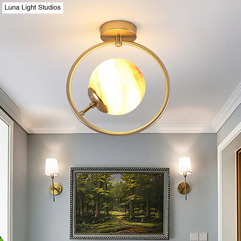 Sleek Gold Ball Semi Flush Light In Modern White/Yellow Glass – 1-Light Fixture With Iron Ring