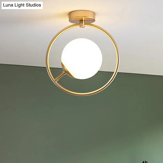 Sleek Gold Ball Semi Flush Light In Modern White/Yellow Glass 1-Light Fixture With Iron Ring