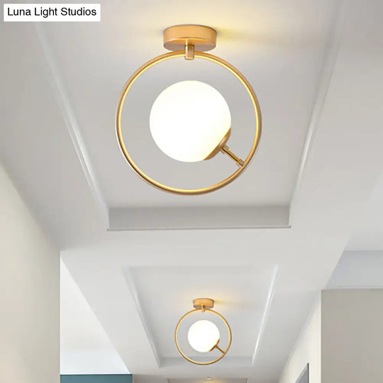 Sleek Gold Ball Semi Flush Light In Modern White/Yellow Glass 1-Light Fixture With Iron Ring White