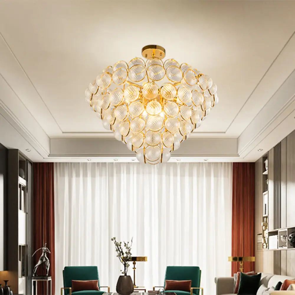 Sleek Gold Ceiling Light Fixture With Clear Ribbed Crystal Ball For Tapered Bedroom