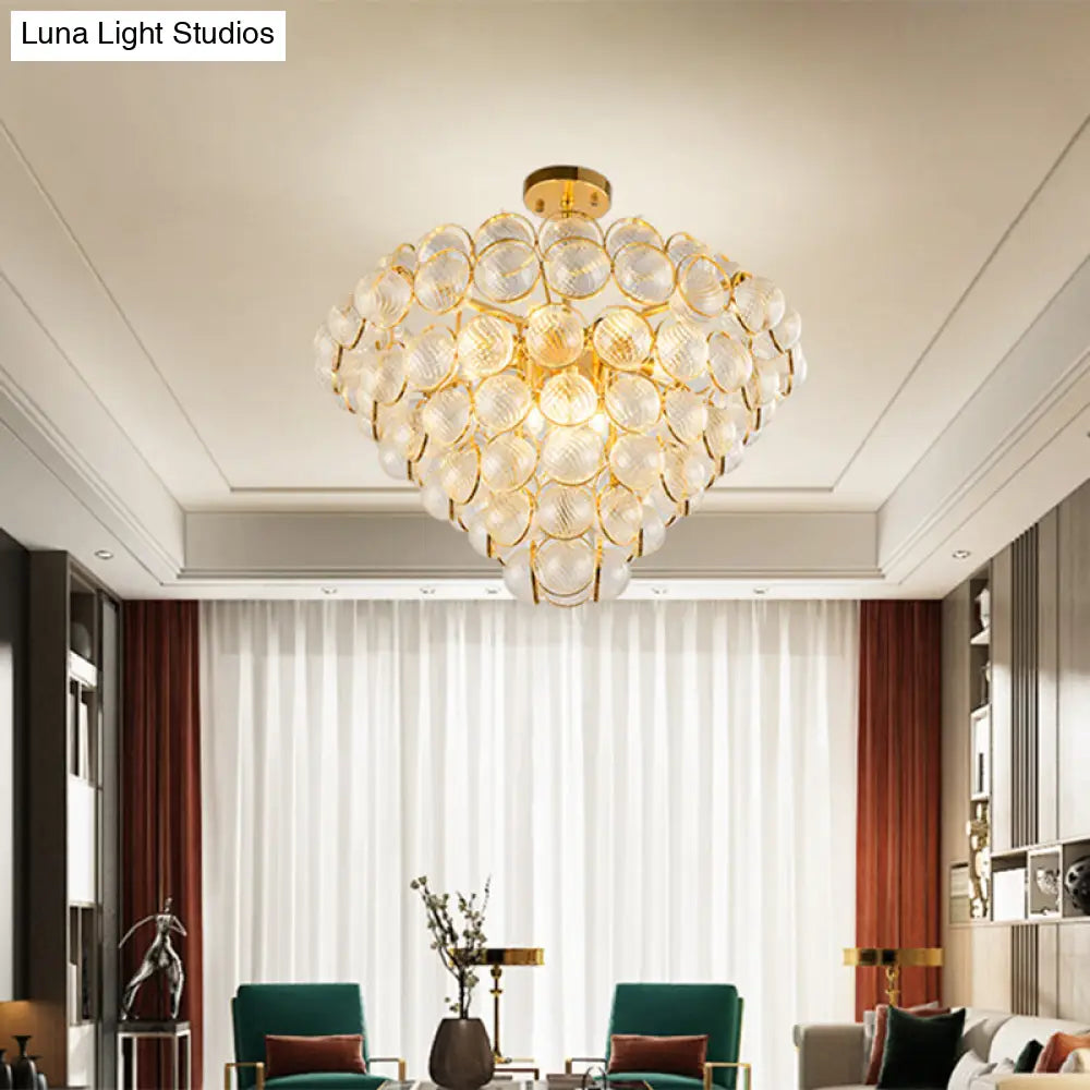 Sleek Gold Ceiling Light Fixture With Clear Ribbed Crystal Ball For Tapered Bedroom