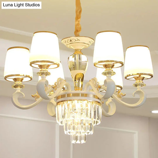 Sleek Gold Conical Pendant Light: Opaline Glass Chandelier With Curved Arm – Modern Simplicity