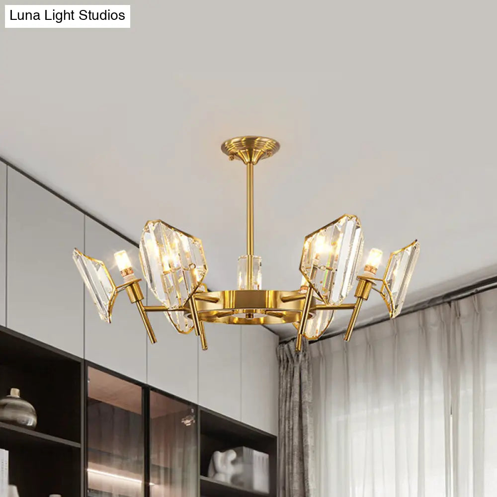 Sleek Gold Crystal Flush Mount Chandelier - Post-Modern Design With Curved Shade Semi Ceiling Light